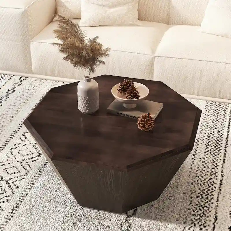 Table basse octogonale en bois d'hévéa de 31,5 pouces pour salon, chambre à coucher
