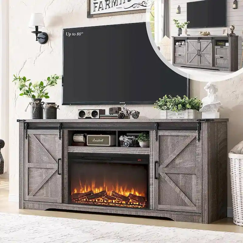 Meuble TV de cheminée de ferme pour téléviseur de 80 pouces, Centre de divertissement