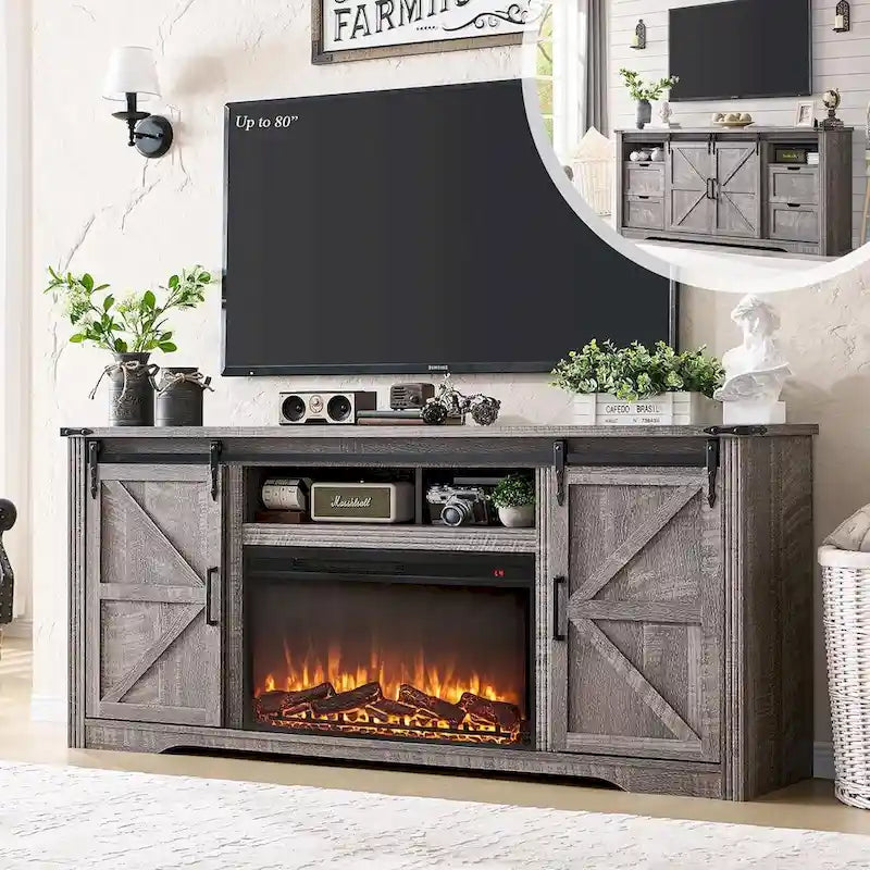 Meuble TV de cheminée de ferme pour téléviseur de 80 pouces, Centre de divertissement