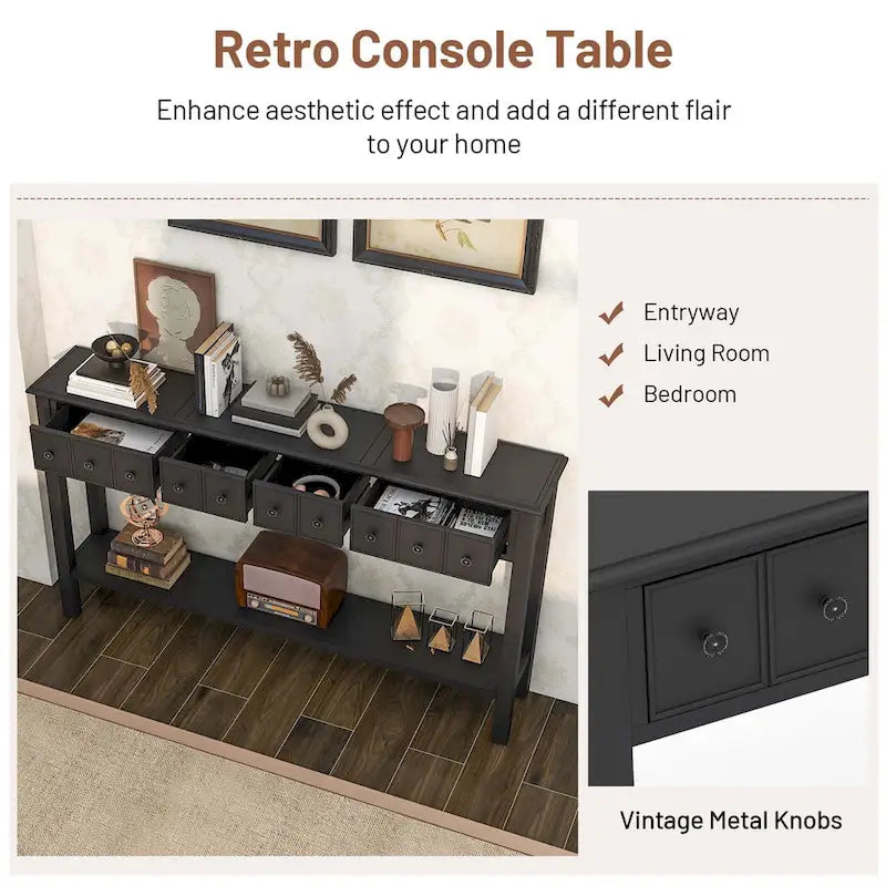Console d'entrée/Table de canapé rétro 60" avec 4 tiroirs