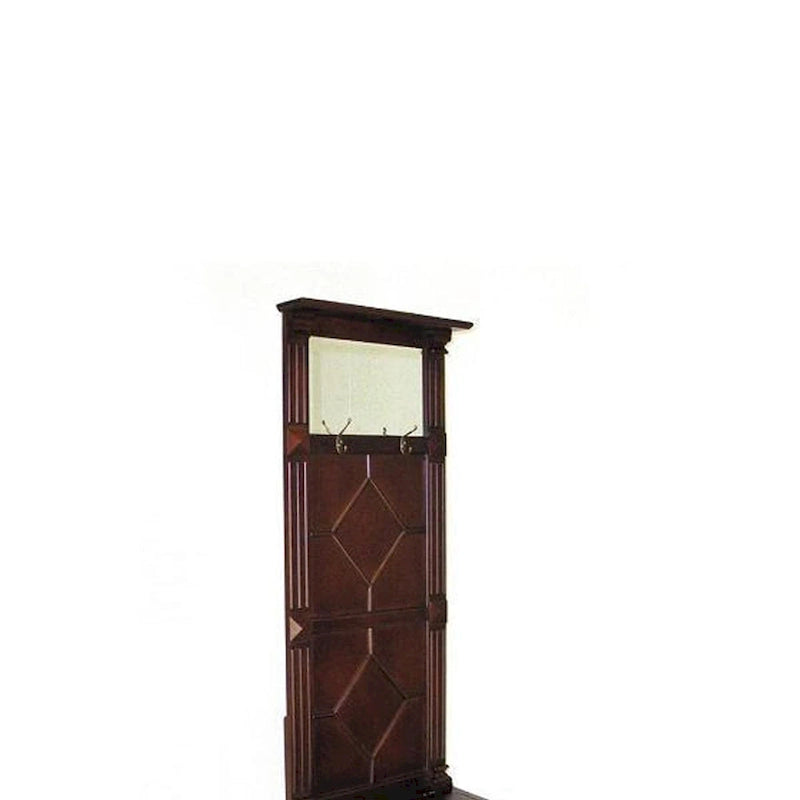 Meuble d'entrée en bois moulé avec coffre à couvercle relevable et miroir, marron
