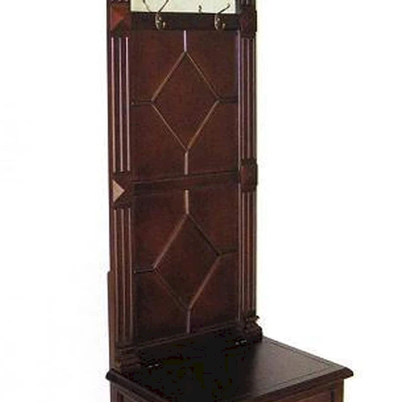 Meuble d'entrée en bois moulé avec coffre à couvercle relevable et miroir, marron
