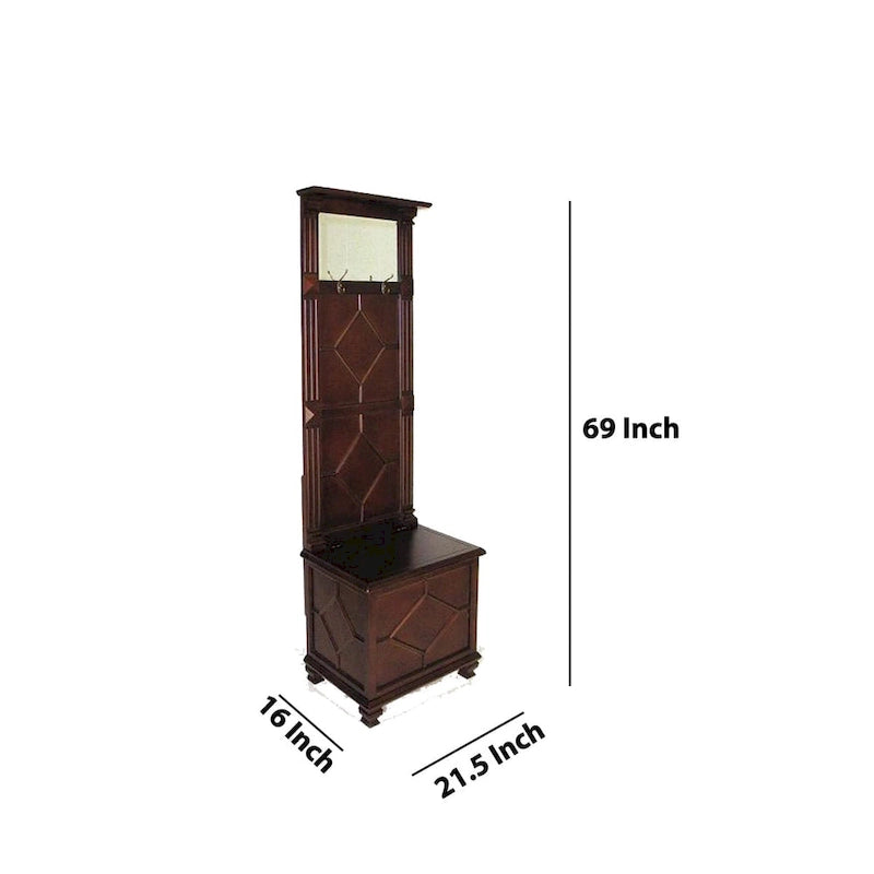 Meuble d'entrée en bois moulé avec coffre à couvercle relevable et miroir, marron