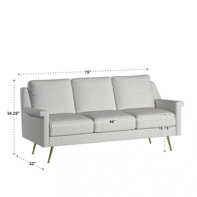 Canapé en tissu gris avec pieds en métal doré