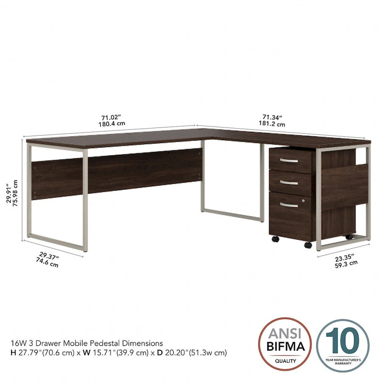 Bureau en L de 72 po avec classeur mobile à 3 tiroirs