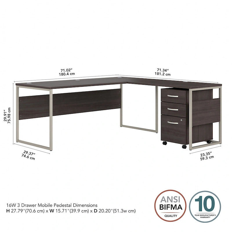 Bureau en L de 72 po avec classeur mobile à 3 tiroirs