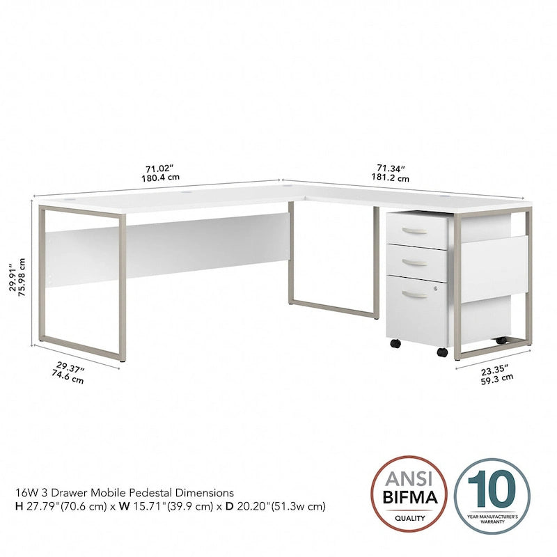 Bureau en L de 72 po avec classeur mobile à 3 tiroirs