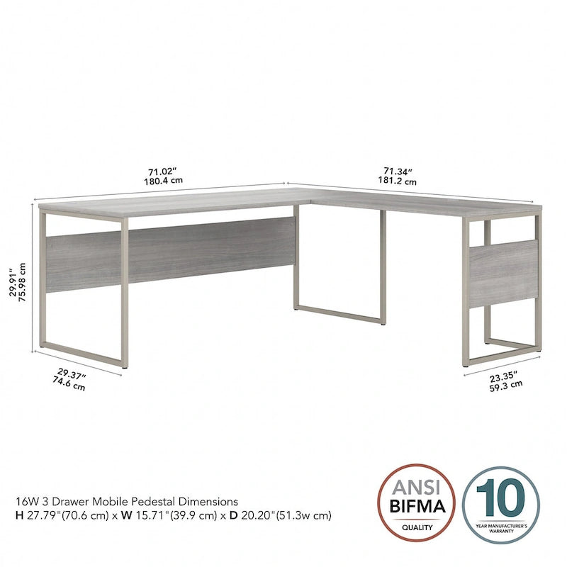 Bureau en L de 72 po avec classeur mobile à 3 tiroirs