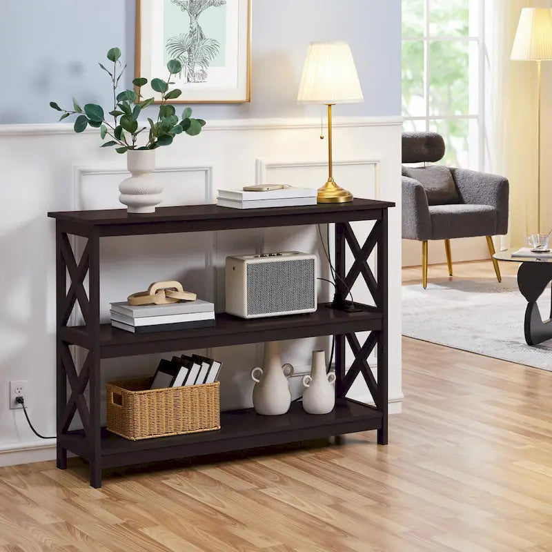 Console de table à 3 niveaux en bois avec prise de courant Table d'appoint de canapé