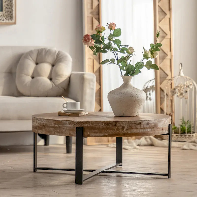 31.29Modern Retro Splicing Round Coffee Table , Fir Wood Table Top with Cross Legs Metal Base