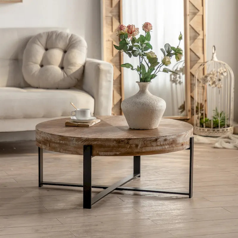 31.29Table Basse Ronde Moderne Rétro avec Plateau en Bois de Sapin et Piètement en Métal à Pieds Croisés