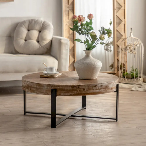 31.29Table Basse Ronde Moderne Rétro avec Plateau en Bois de Sapin et Piètement en Métal à Pieds Croisés