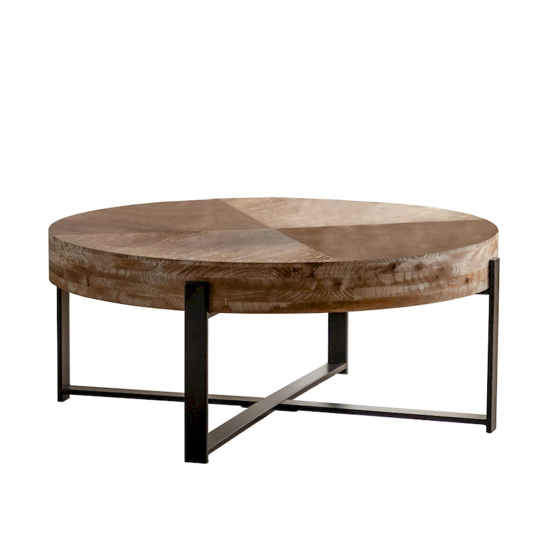 31.29Table Basse Ronde Moderne Rétro avec Plateau en Bois de Sapin et Piètement en Métal à Pieds Croisés