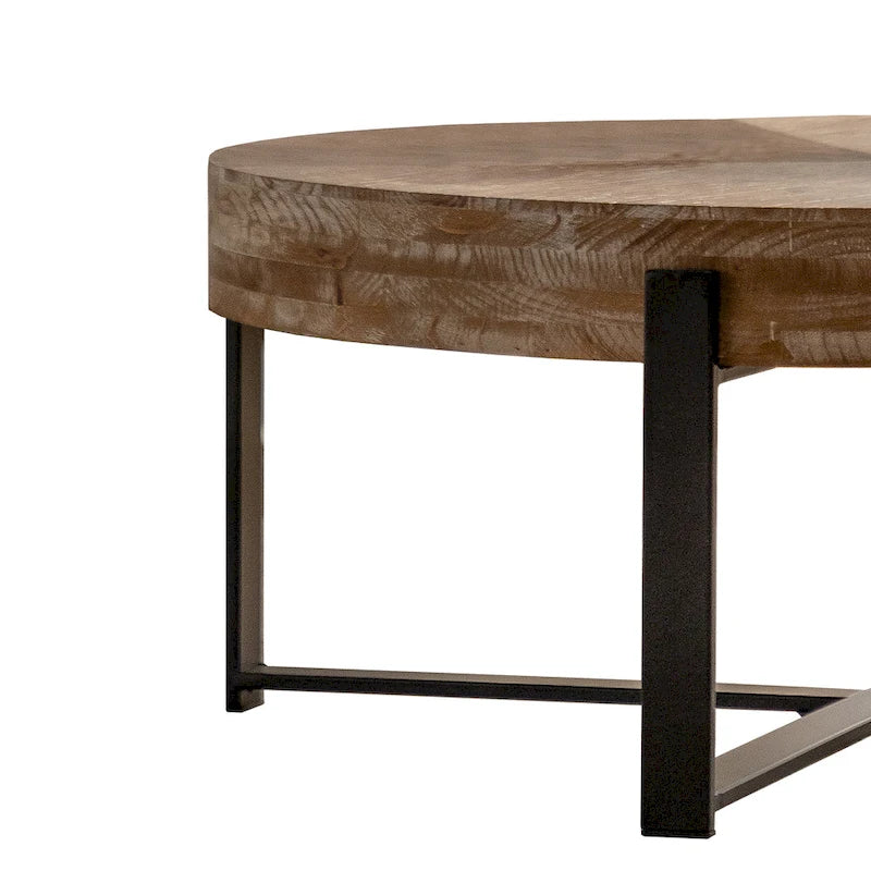 31.29Table Basse Ronde Moderne Rétro avec Plateau en Bois de Sapin et Piètement en Métal à Pieds Croisés