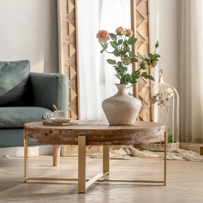 31.29Table Basse Ronde Moderne Rétro avec Plateau en Bois de Sapin et Piètement en Métal à Pieds Croisés