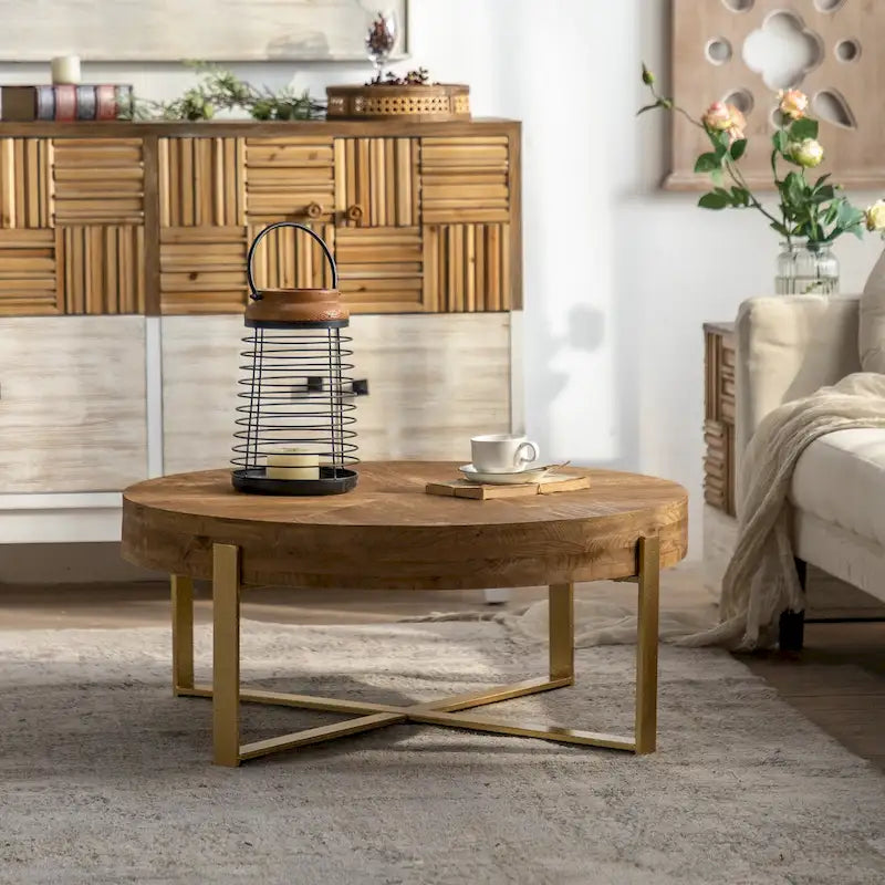 31.29Table Basse Ronde Moderne Rétro avec Plateau en Bois de Sapin et Piètement en Métal à Pieds Croisés