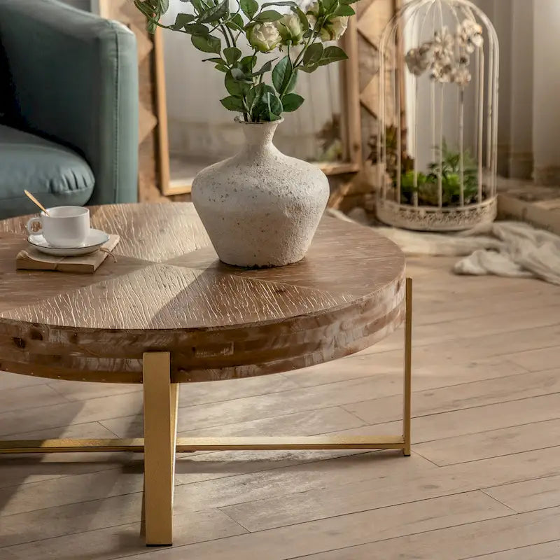31.29Table Basse Ronde Moderne Rétro avec Plateau en Bois de Sapin et Piètement en Métal à Pieds Croisés