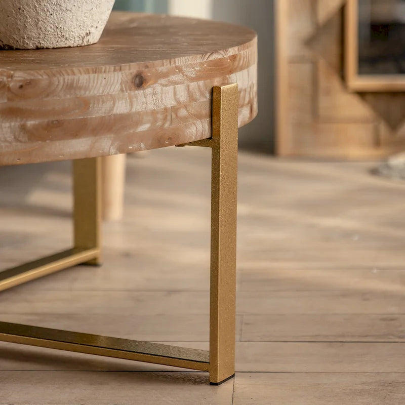 31.29Table Basse Ronde Moderne Rétro avec Plateau en Bois de Sapin et Piètement en Métal à Pieds Croisés