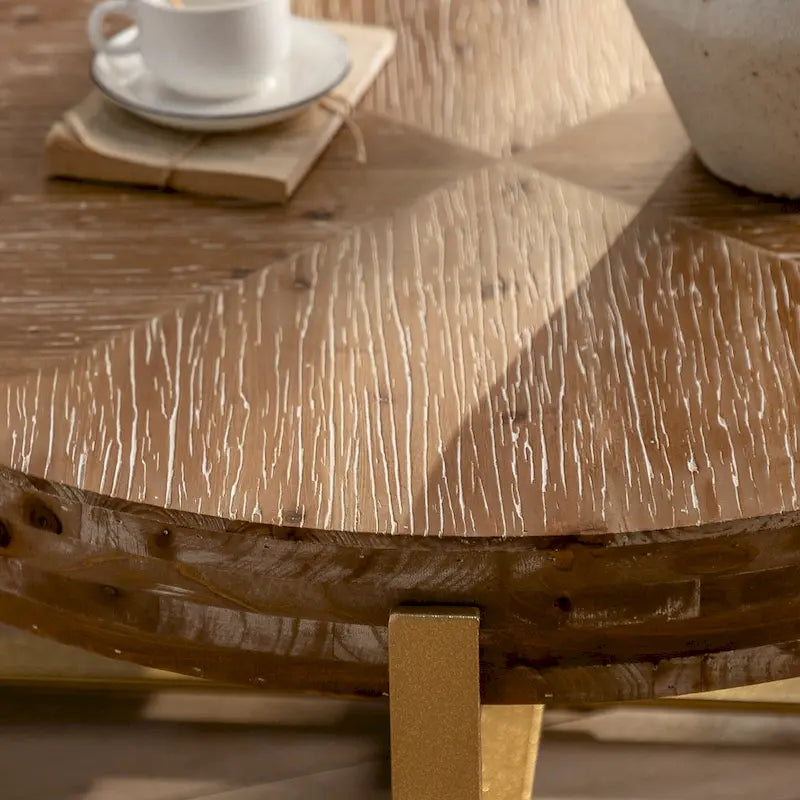 31.29Table Basse Ronde Moderne Rétro avec Plateau en Bois de Sapin et Piètement en Métal à Pieds Croisés