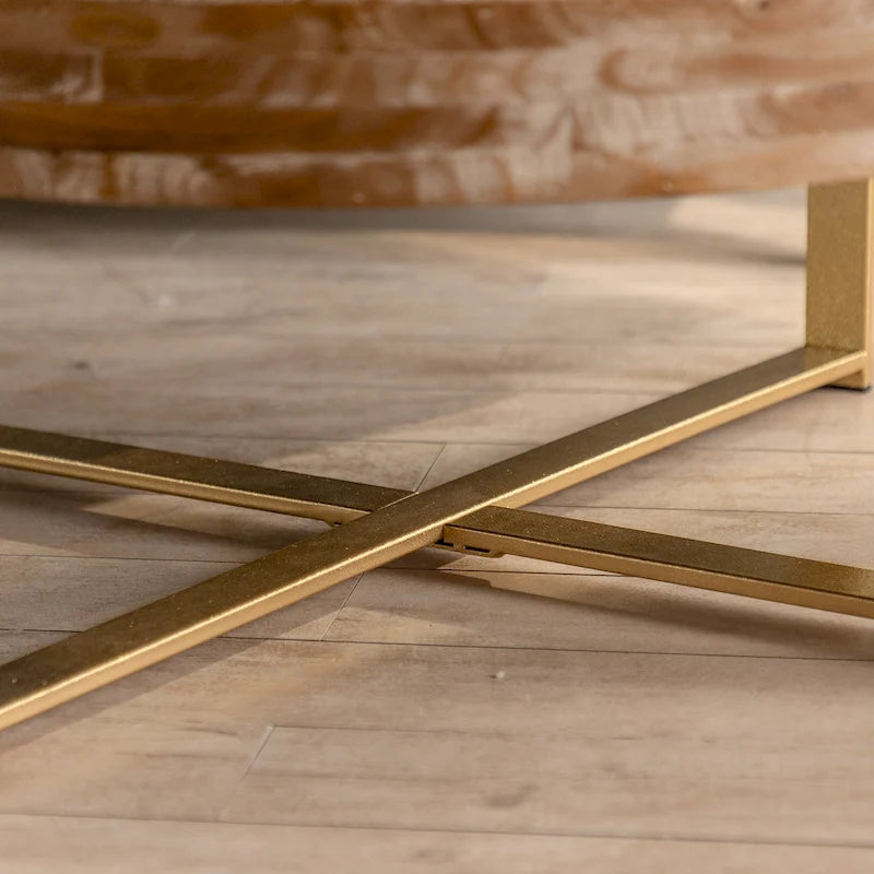 31.29Table Basse Ronde Moderne Rétro avec Plateau en Bois de Sapin et Piètement en Métal à Pieds Croisés