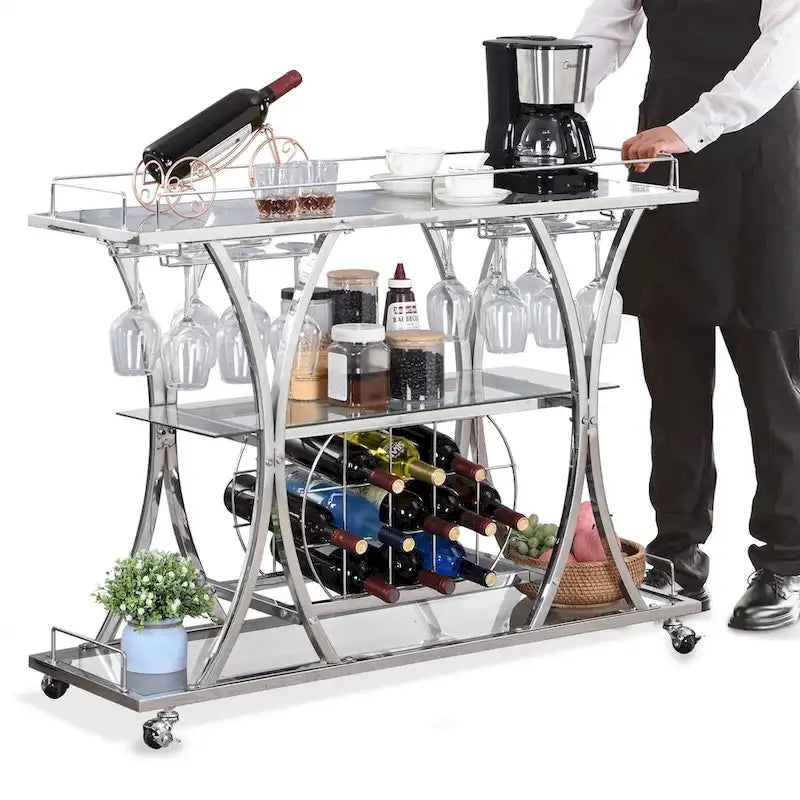 Chariot de service de bar à 3 niveaux en métal avec plateau en verre trempé