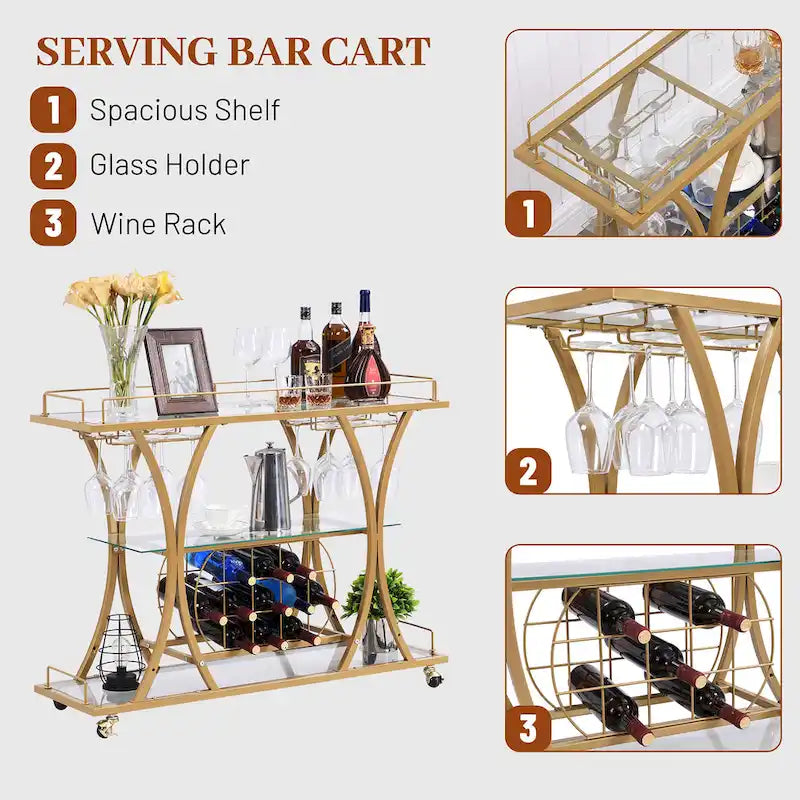 Chariot de service de bar à 3 niveaux en métal avec plateau en verre trempé