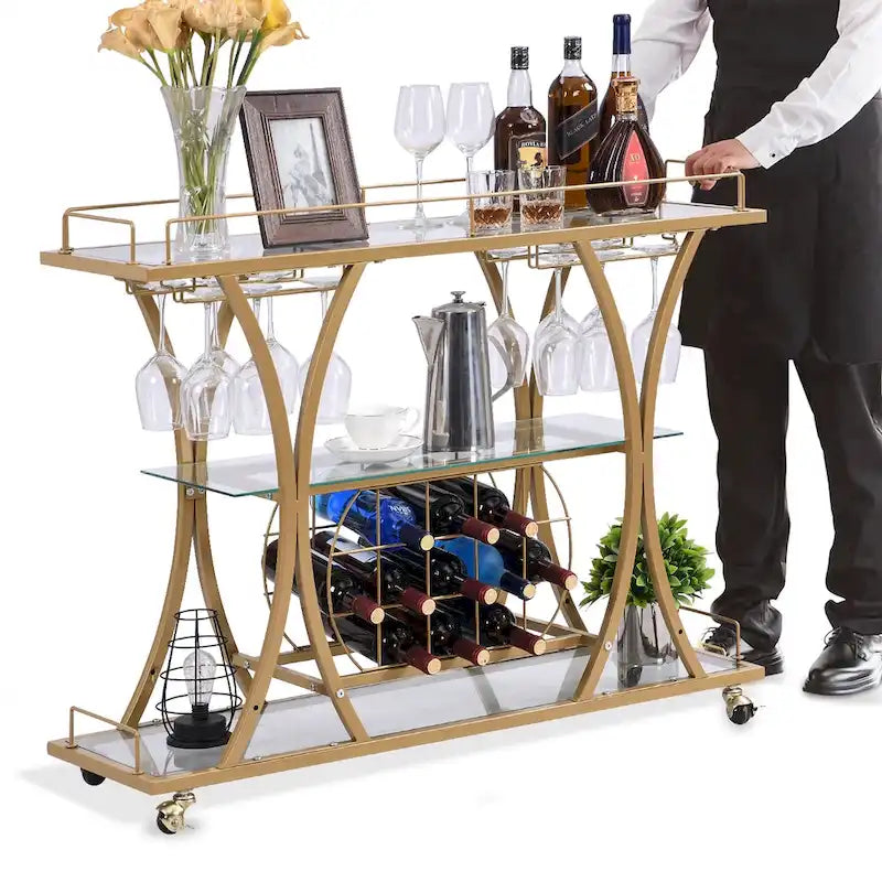 Chariot de service de bar à 3 niveaux en métal avec plateau en verre trempé