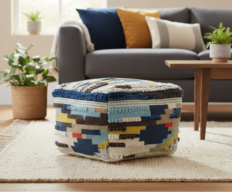 Home&Manor Wool Cotton Carly Cube Pouf