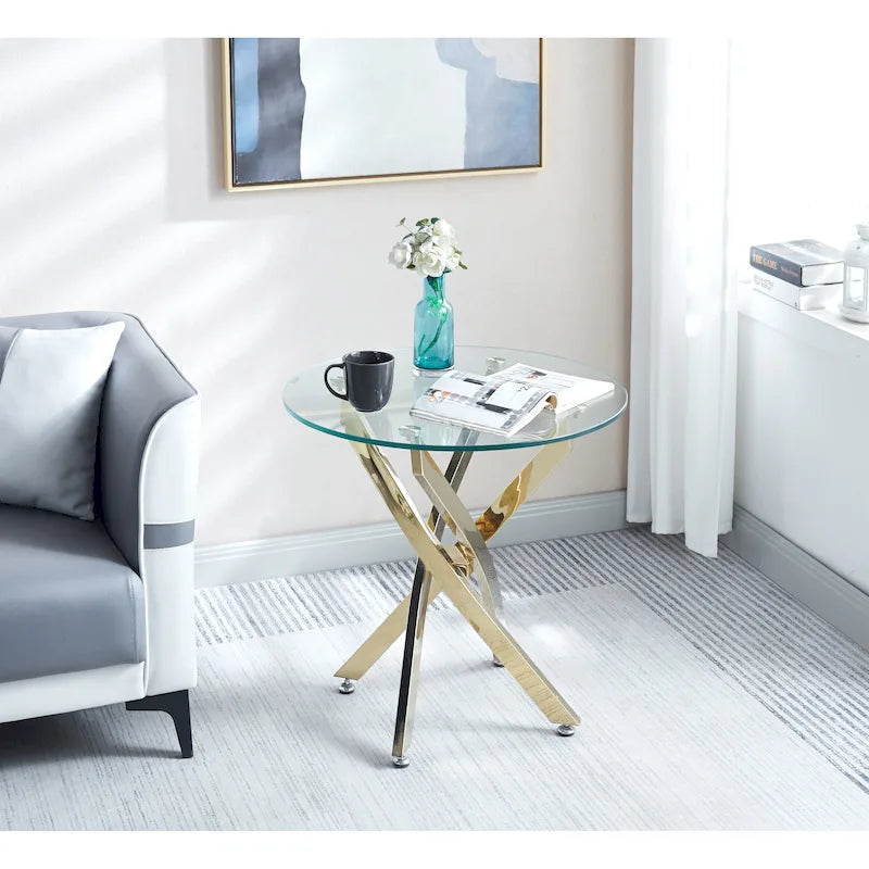 Table d'appoint ronde moderne en verre trempé avec pieds en acier inoxydable