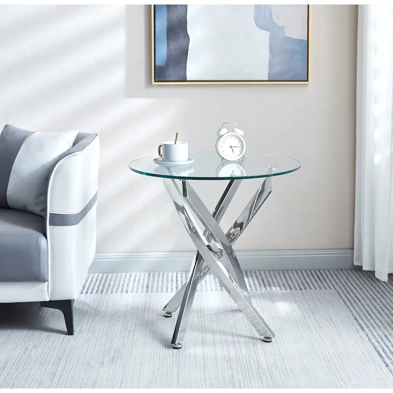 Table d'appoint ronde moderne en verre trempé avec pieds en acier inoxydable