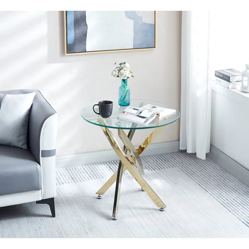 Table d'appoint ronde moderne en verre trempé avec pieds en acier inoxydable