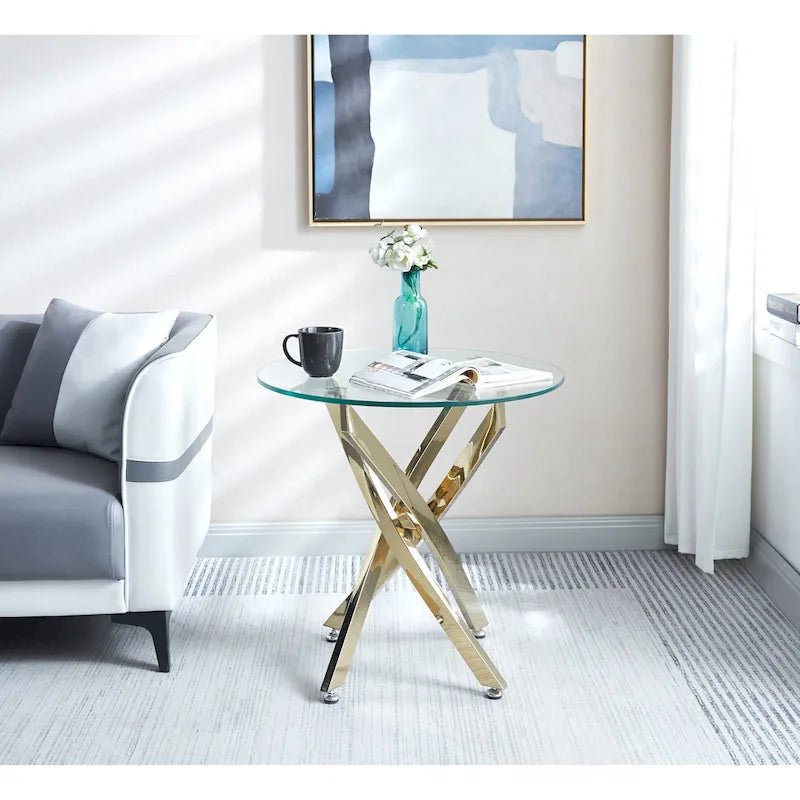 Table d'appoint ronde moderne en verre trempé avec pieds en acier inoxydable
