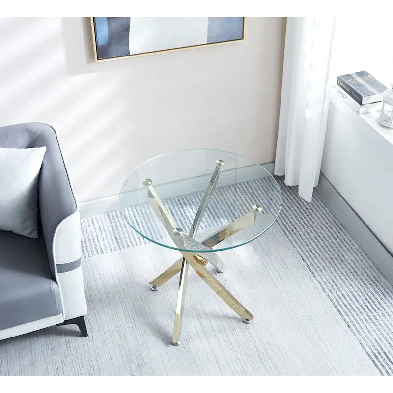 Table d'appoint ronde moderne en verre trempé avec pieds en acier inoxydable