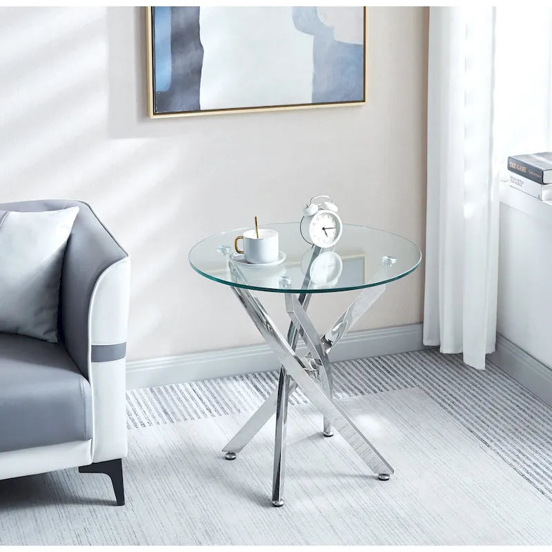 Table d'appoint ronde moderne en verre trempé avec pieds en acier inoxydable