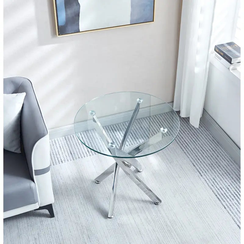 Table d'appoint ronde moderne en verre trempé avec pieds en acier inoxydable