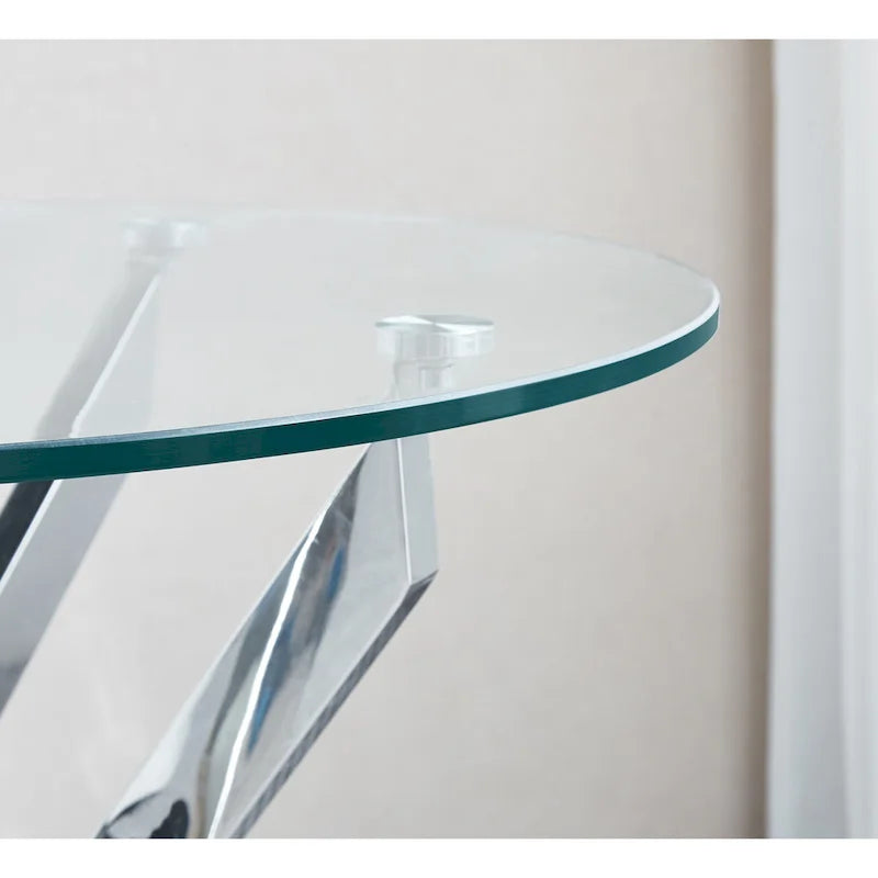 Table d'appoint ronde moderne en verre trempé avec pieds en acier inoxydable