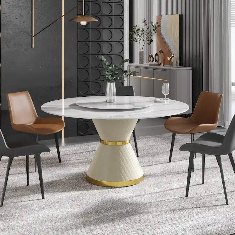 Table à manger moderne en marbre ronde de 59 po avec plateau tournant
