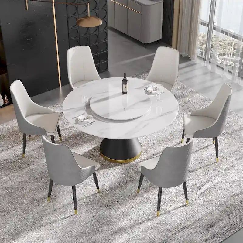 Table à manger moderne en marbre ronde de 59 po avec plateau tournant
