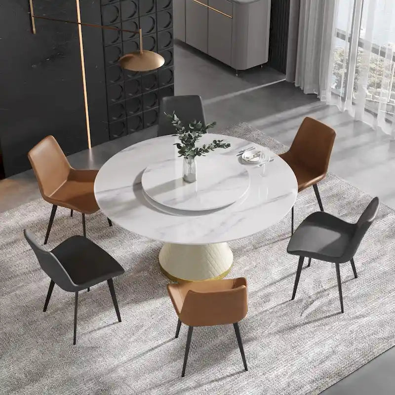 Table à manger moderne en marbre ronde de 59 po avec plateau tournant