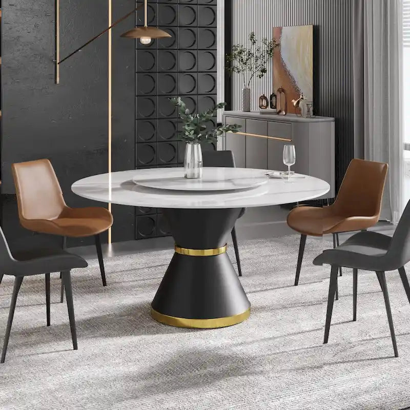 Table à manger moderne en marbre ronde de 59 po avec plateau tournant