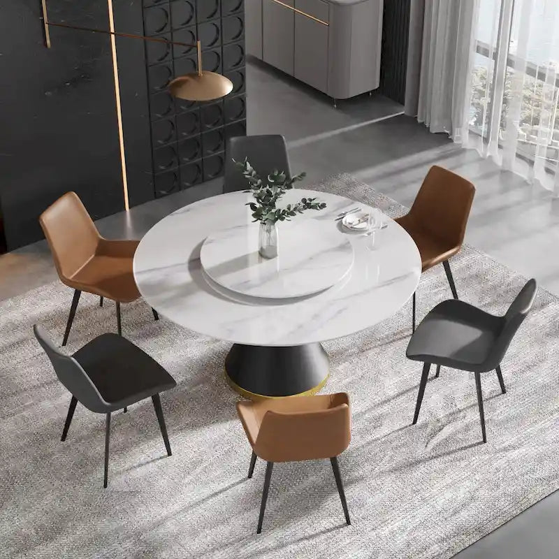 Table à manger moderne en marbre ronde de 59 po avec plateau tournant