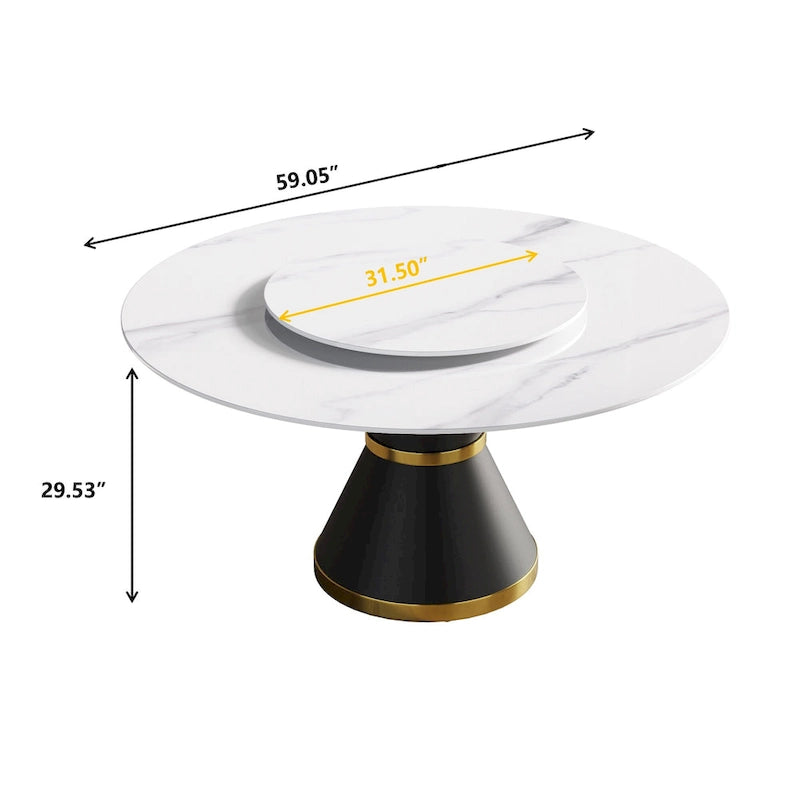 Table à manger moderne en marbre ronde de 59 po avec plateau tournant