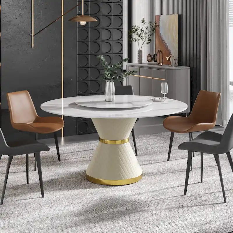 Table à manger moderne en marbre ronde de 59 po avec plateau tournant
