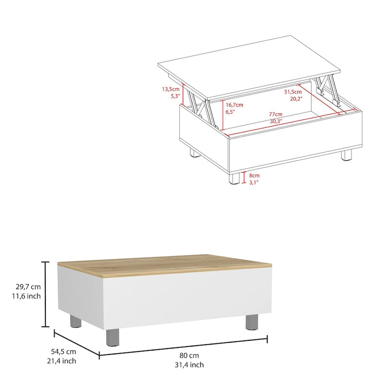 Table basse avec plateau relevable et rangement dissimulé - 4 pieds