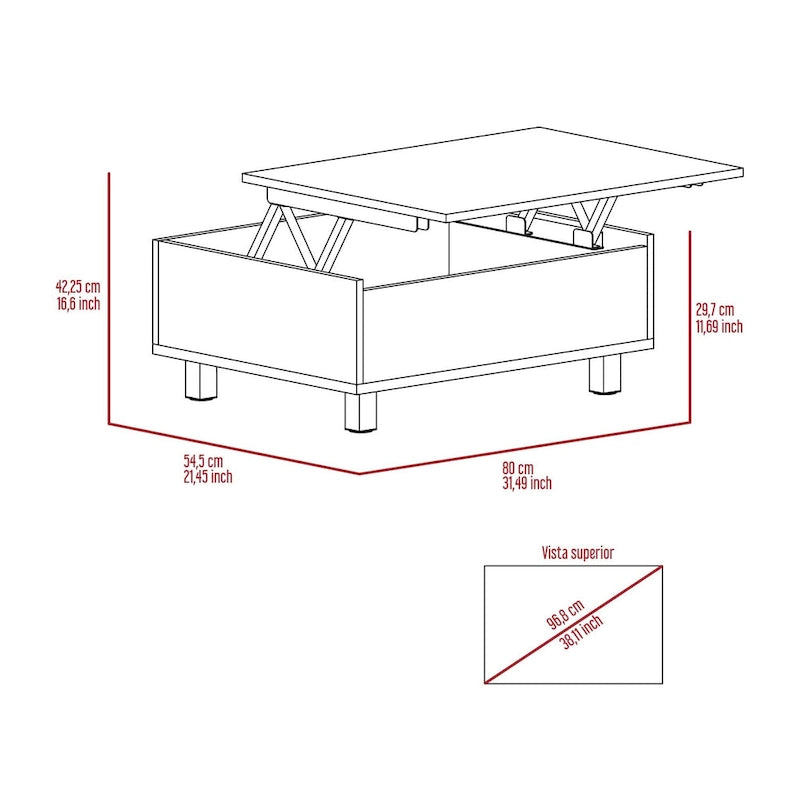 Table basse avec plateau relevable et rangement dissimulé - 4 pieds