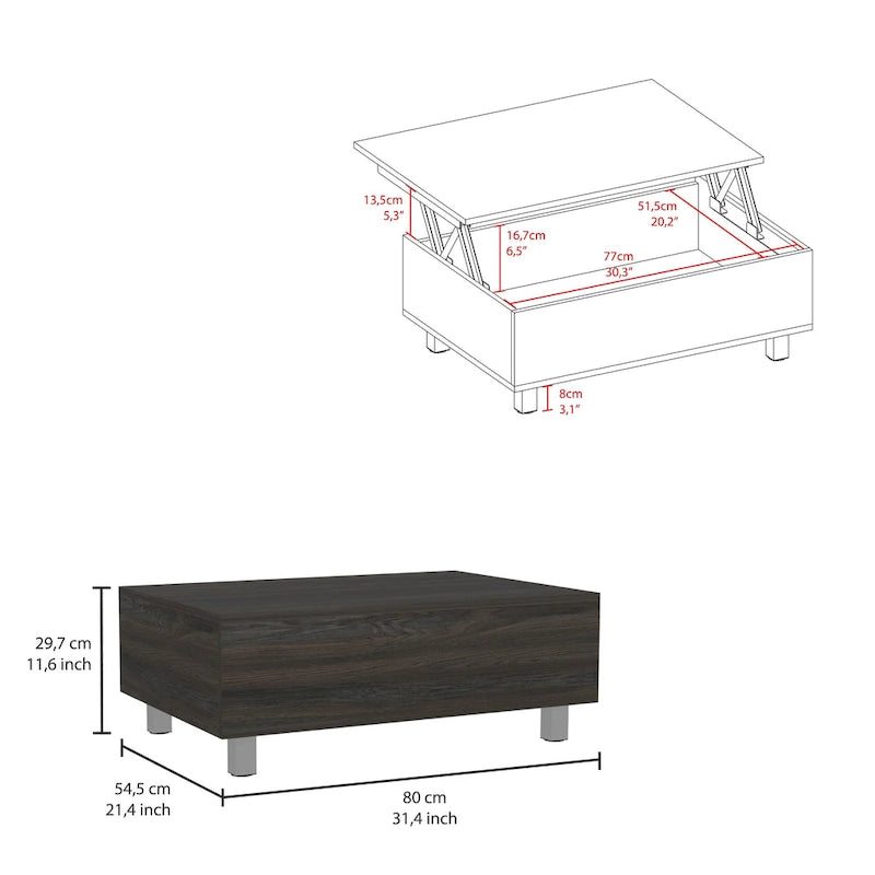 Table basse avec plateau relevable et rangement dissimulé - 4 pieds