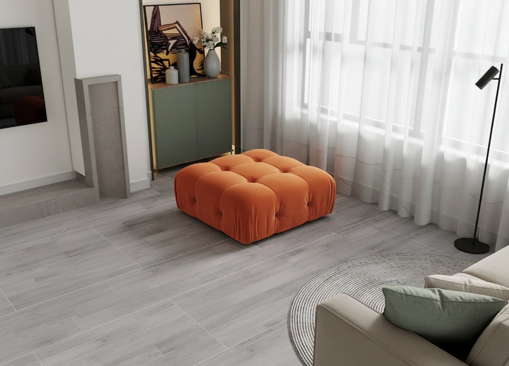 Pouf carré minimaliste en velours capitonné