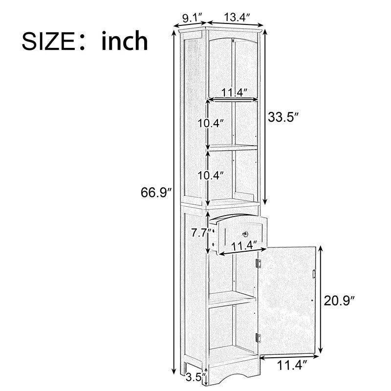 Armoire haute de salle de bain de 72 po avec tiroir et 5 tablettes ajustables