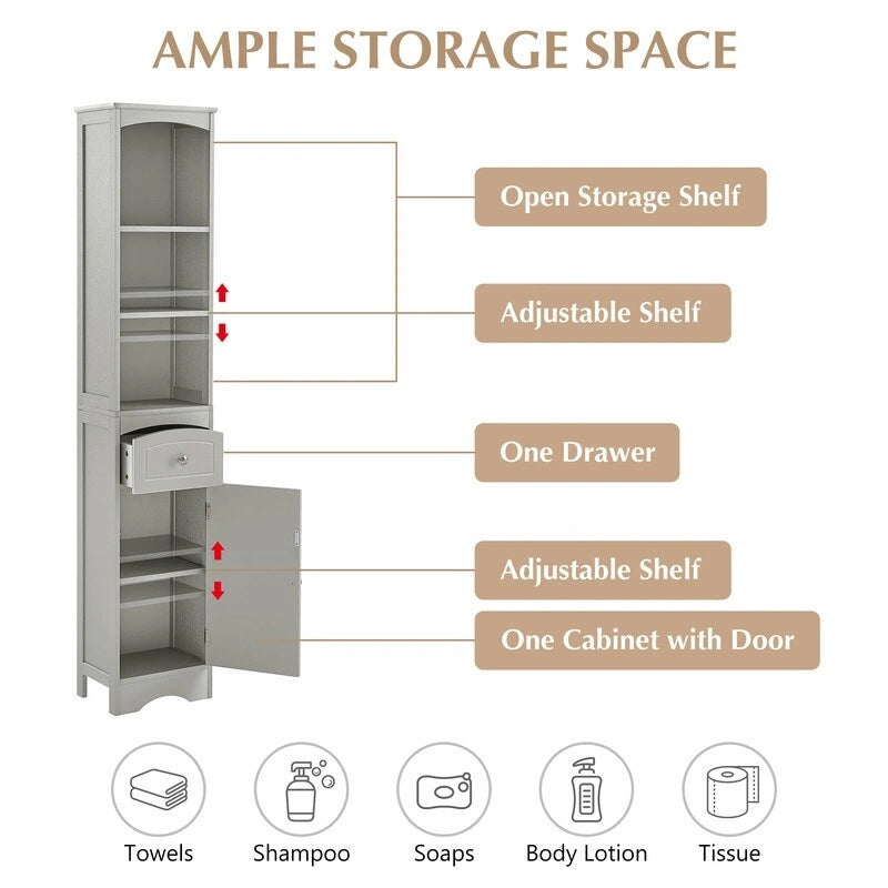 Armoire haute de salle de bain de 72 po avec tiroir et 5 tablettes ajustables