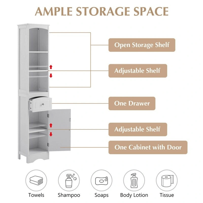 Armoire haute de salle de bain de 72 po avec tiroir et 5 tablettes ajustables